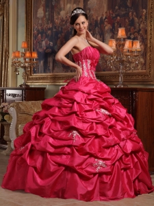 Coral Red Ball Gowns Pick-ups Appliques Quinceanera Dress