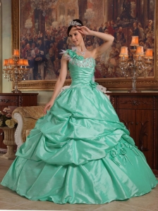 Apple Green Quinceanera Dress One Shoulder Hand Flowers