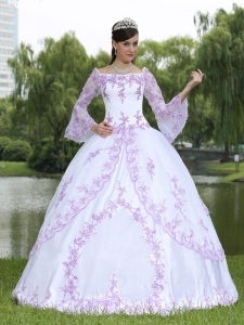 Square Long Sleeves Sweet 16 Party Dress Lilac Embroidery