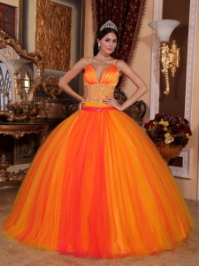Orange Red V-neck Straps Quinceanera Dress Beaded Ruch Gown