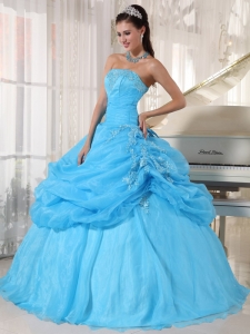 Baby Blue Organza Appliques Ball Gown Quinceanera Dress