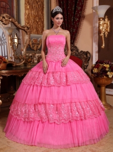 Lace Layered Rose Pink Quinceanera Gown Dress Appliques