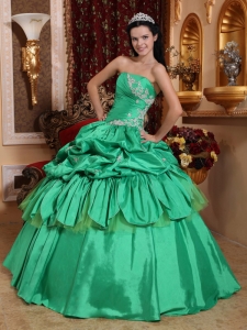 Ruched Quinceanera Dress Green Appliques for Sweet Fifteen