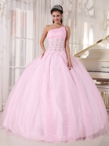 One Shoulder Baby Pink Quinceanera Dress Beaded Ball Gown