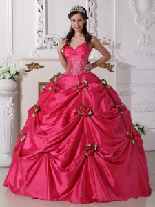 Flowers Hot Pink Quinceanera Dress Spaghetti Straps Beading