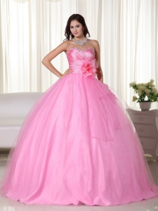 Quinceanera Ball Gown Pink Sweetheart Tulle Beading Ruch