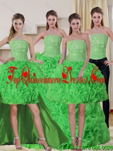 Detachable Spring Green Strapless Quinceanera Dress with Beading and Ruffles