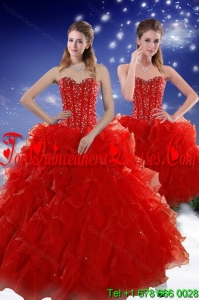 2015 Detachable Red Sweet 15 Dresses with Beading and Ruffles