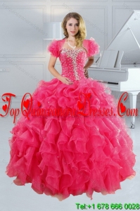 2015 Luxurious Hot Pink Quince Dresses with Ruffles and Beading
