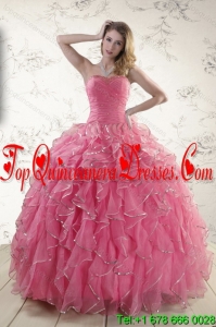 2015 Luxurious Rose Pink Quince Dresses with Paillette and Ruffles