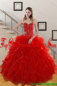 Luxurious 2015 Sweetheart Red Quince Gowns with Beading and Ruffles