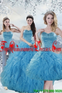 2015 Modest Baby Blue Quince Dresses with Beading and Ruffles