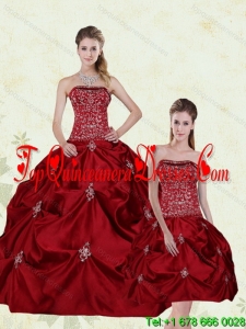 2015 Pretty Wine Red Strapless Quinceanera Gown with Embroidery and Pick Ups