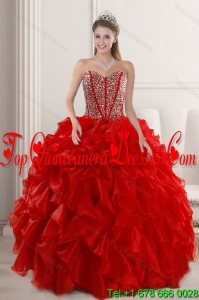 2015 Puffy Red Quinceanera Dresses with Beading and Ruffles