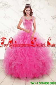 Modest 2015 Sweetheart Hot Pink Quince Gown with Beading and Ruffles