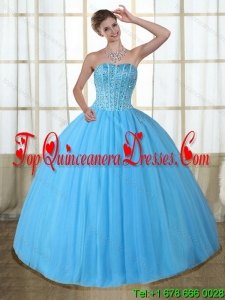 Modest Baby Blue Strapless Quinceanera Dress with Beading