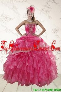 2015 Beautiful Ruffles and Appliques Quince Dresses in Hot Pink