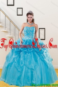 2015 Puffy Teal Quince Gown with Embroidery and Pick Ups