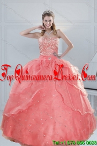 2015 Puffy Watermelon Quinceanera Dresses with Beading