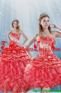 Puffy Watermelon Red Quince Dresses with Appliques and Ruffles
