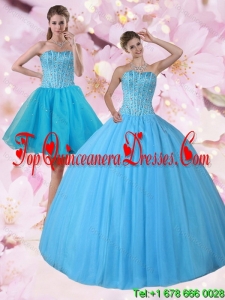 Fashionable Detachable Baby Blue Strapless Quinceanera Dress with Beading