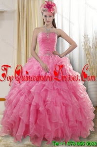 2015 Modern Rose Pink Quinceanera Dresses with Ruffles and Beading