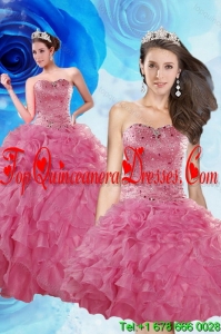 Fashionable Coral Red Quince Dresses with Beading and Ruffles