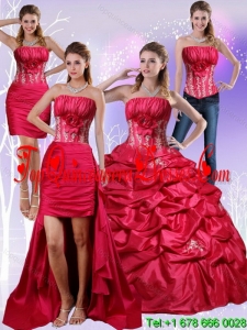 Modern 2015 Strapless Red Quinceanera Dress with Appliques and Pick Ups