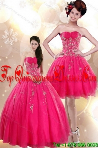 Modern Strapless Floor Length Quince Dresses with Appliques in Hot Pink