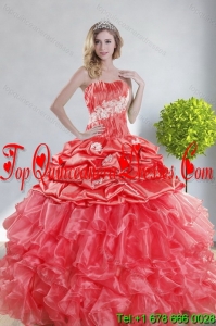 2015 Modern Watermelon Red Quince Dresses with Appliques and Ruffles