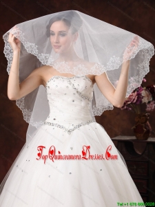 White Lace Appliques And Two-tier Organza Veil For Modest Wedding