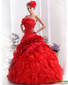 2015 Puffy Strapless Dresses for a Quinceanera with Hand Made Flowers