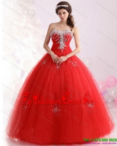 2015 Puffy Sweetheart Red Sweet Sixteen Dresses with Rhinestones