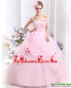 Puffy Baby Pink Sweet Sixteen Dresses with Hand Made Flowers