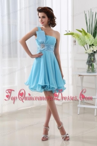 A-line Aqua blue One Shoulder Beading and Ruching Chiffon Dama Dresses