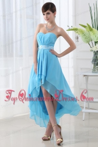 A-line Baby Blue Chiffon High-low Sweatheart Dresses for Dama with Belt