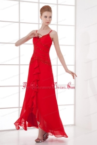 Spaghetti Straps Tea-length Chiffon Red Dresses for Dama