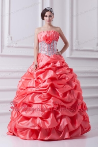 2014 Watermelon Ball Gown Strapless Beading Quinceanera Dress with Side Zipper