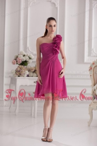 Empire One Shoulder Hand Made Flowers Ruching Fuchsia Dama Dresses