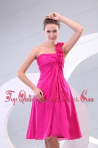 Hot Pink Hand Made Flowers and Ruching One Shoulder Dama Dresses