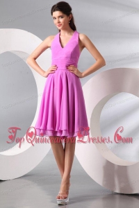 Lilac Halter Top Ruching Knee-length Chiffon Dama Dress for Quinceanera