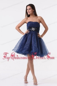 A-line Strapless Navy Blue Beading Ruching Organza Dresses for Dama