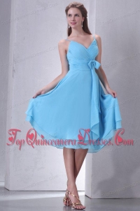 Aqua Blue A-line Spaghetti Straps Knee-length Dama Dresses with Sash