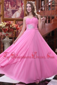 Empire Rose Pink One Shoulder Beading and Ruching ChiffDama Dress for Quinceanera