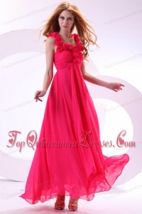 Hot Pink Empire Straps Ankle-length Ruching Chiffon Dama Dresses