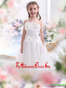 2015 New Arrival White Spaghetti Straps Little Girl Pageant Dresses with Flowers and Ruffles