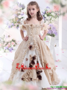 New Arrival Champagne Spaghetti Straps Little Girl Pageant Dresses with Hand Made Flowers and Ruffles