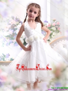 New Arrival Halter Top White Mini Length Little Girl Pageant Dress with Hand Made Flower