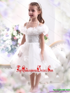New Arrival White Halter Top Little Girl Pageant Dresses with Hand Made Flower
