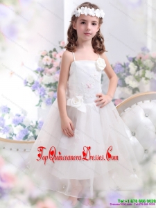 White Spaghetti Straps New Arrival Little Girl Pageant Dresses with Hand Made Flower and Appliques